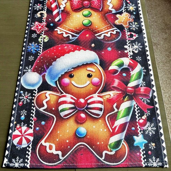 72" Whimsical Vibrant Gingerbread People Candy Snowflakes Christmas Table Runner - Picture 9 of 10